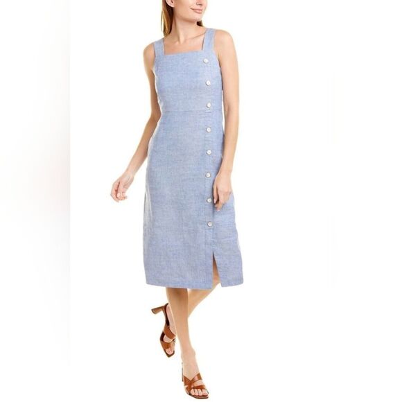 J.McLaughlin Leah Linen-Blend Midi chambray button front sleeveless Dress sz 14 - Picture 1 of 11